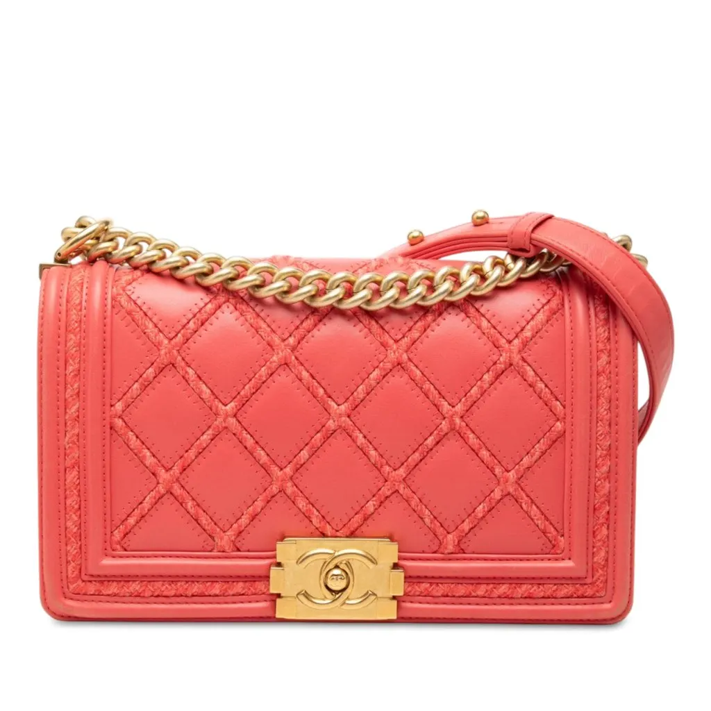 Chanel Old Medium Stitched Lambskin and Tweed Boy Flap Pink Leather Very good - Front View