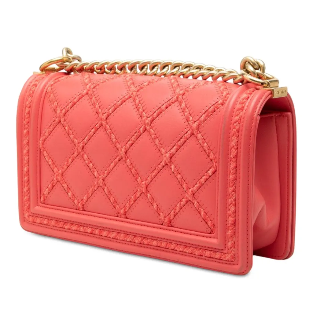 Chanel Old Medium Stitched Lambskin and Tweed Boy Flap Pink Leather Very good - Back View