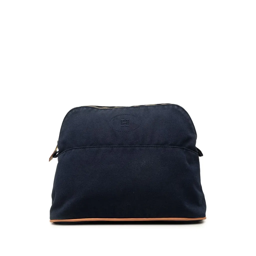 Hermès Toile Bolide Trousse De Voyage Pouch GM Blue Cotton Very good - Front View