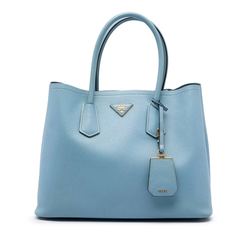 Prada Large Saffiano Cuir Double Satchel Blue Leather Good - Front View