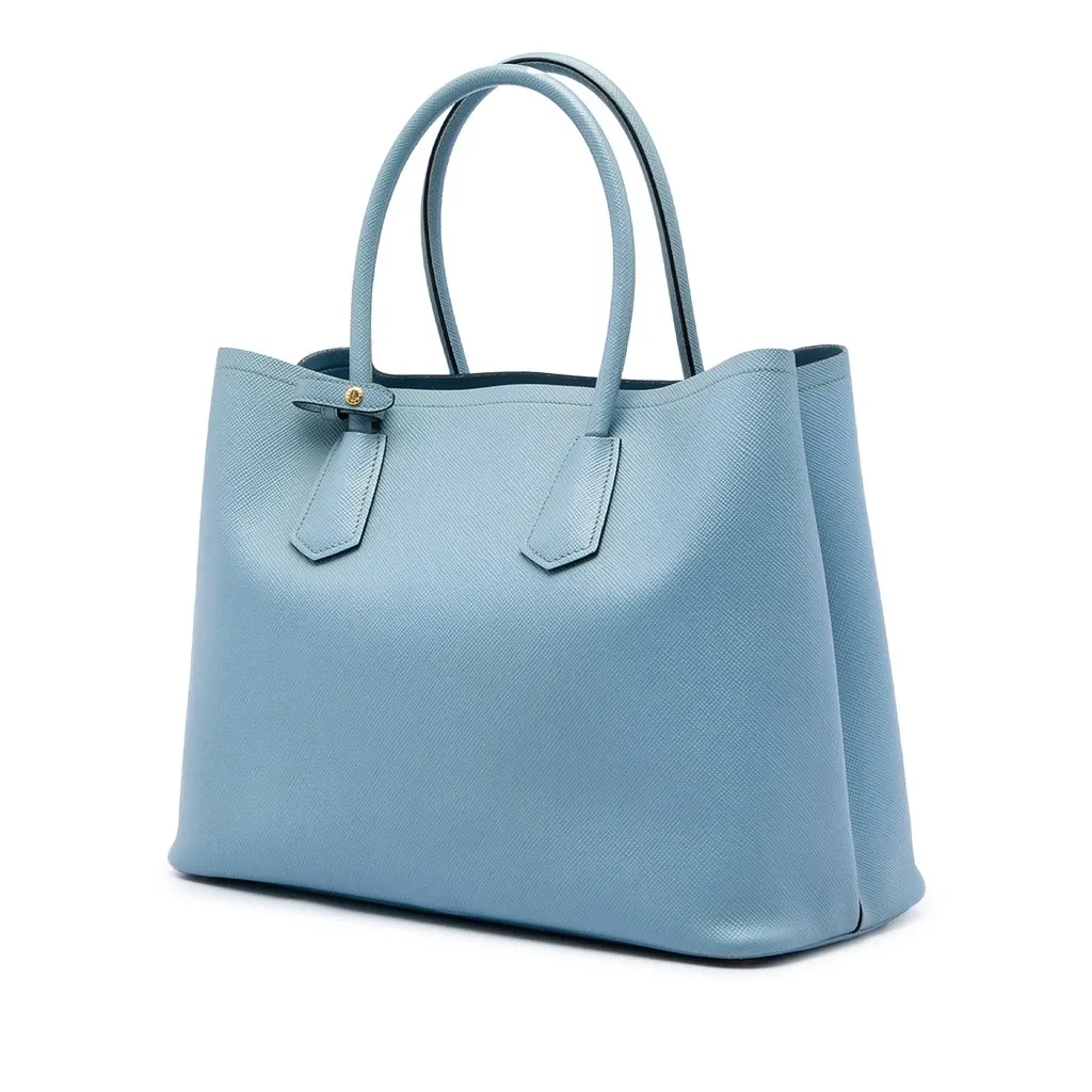 Prada Large Saffiano Cuir Double Satchel Blue Leather Good - Back View