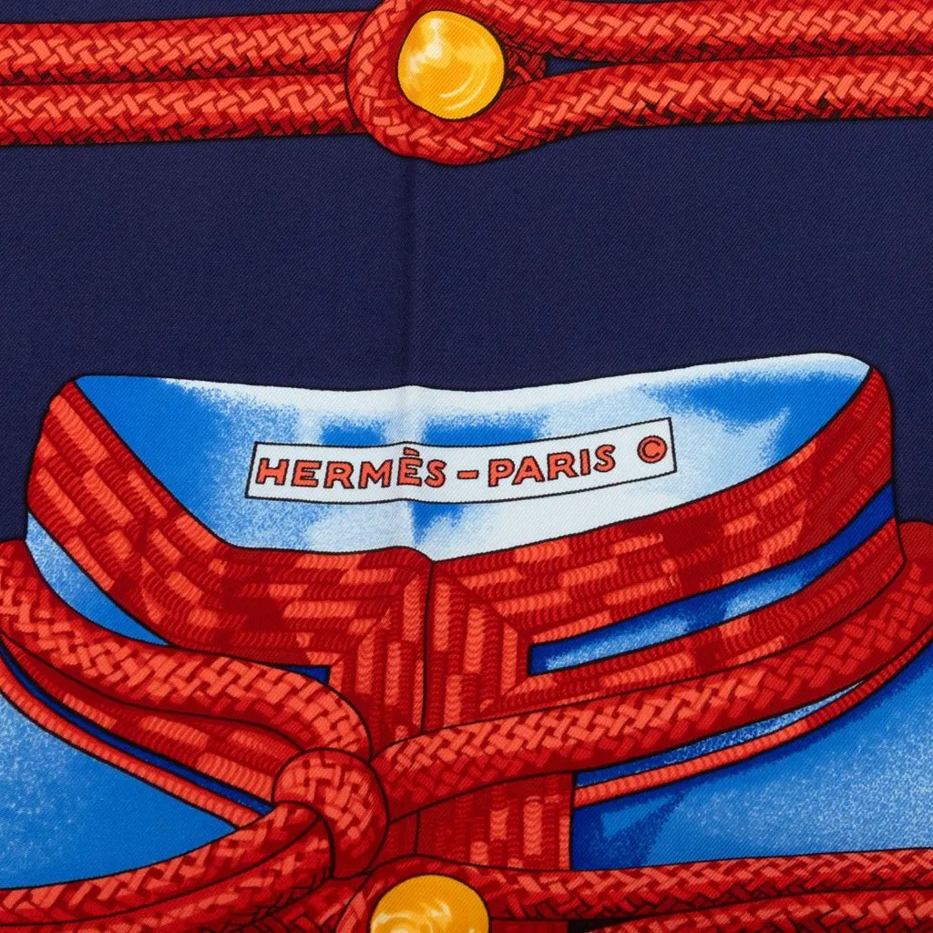 Hermès Brandebourgs Silk Scarf 90 Blue Silk Never worn - Inside View