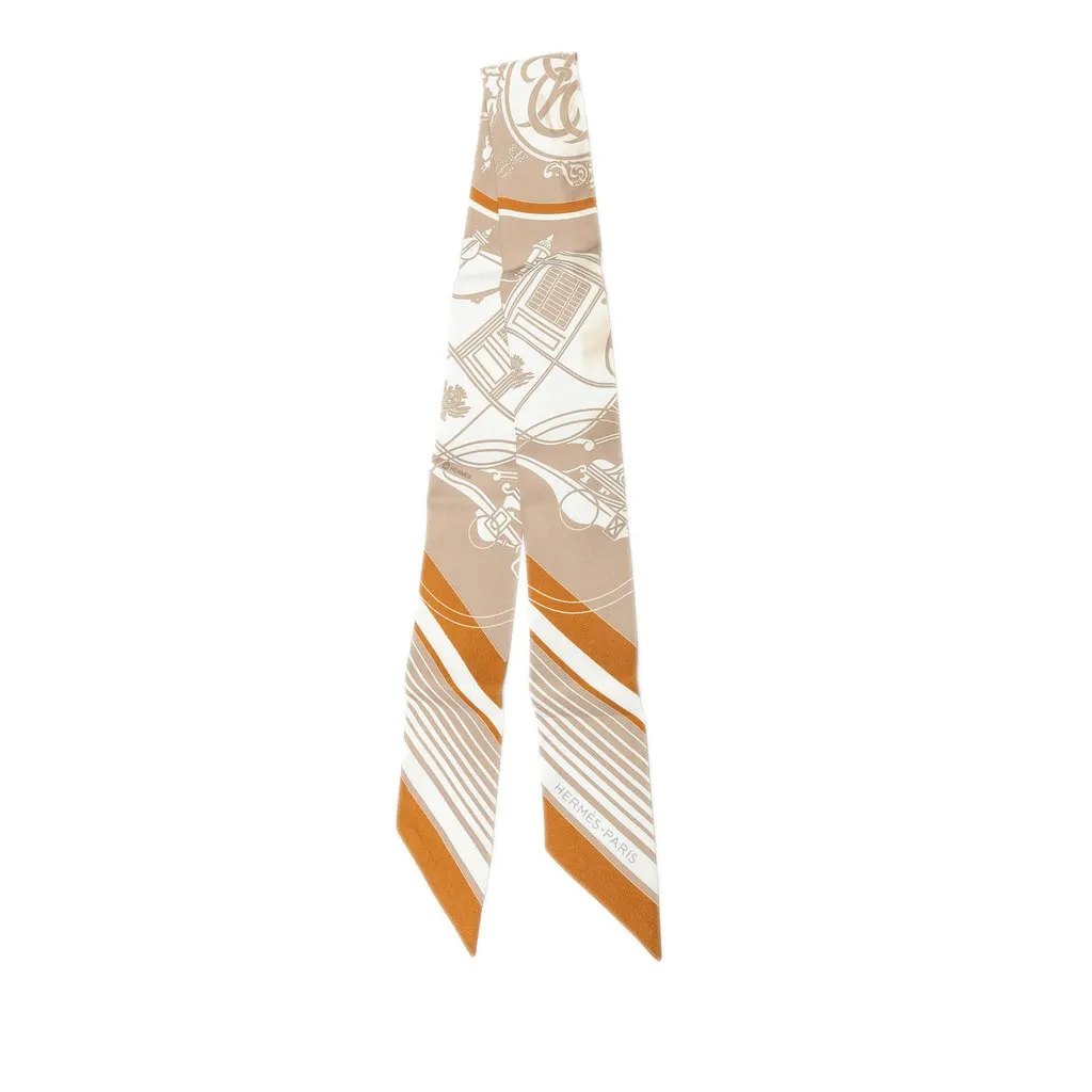 Hermès Ex Libris Silk Twilly Scarf Brown Silk Good - Front View
