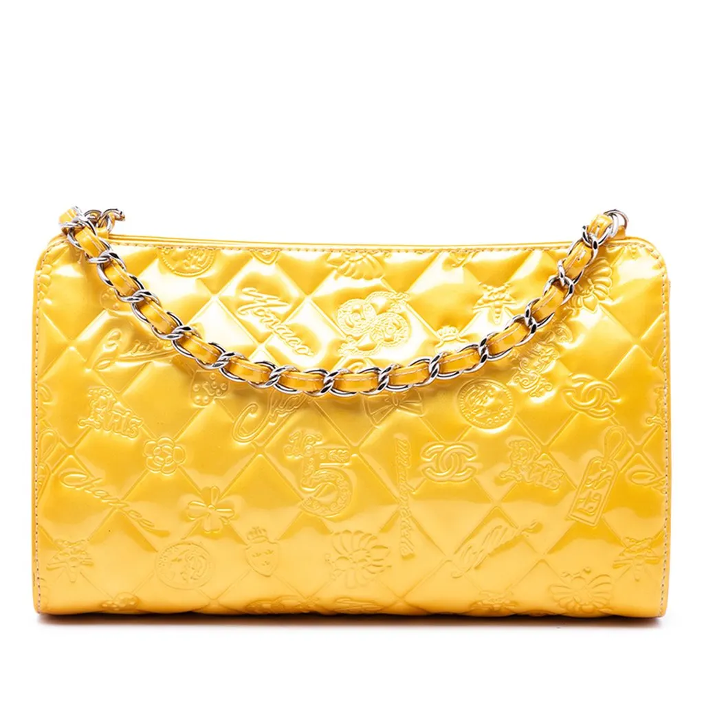 Chanel Quilted Patent Embossed Lucky Symbols Pochette Yellow Leather Very good - Front View
