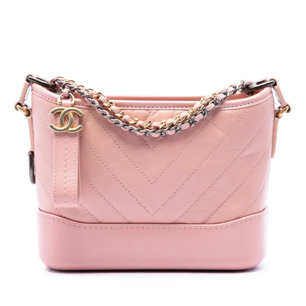 Chanel Small Chevron Aged Calfskin Gabrielle Hobo Pink Leather Very good - Front View