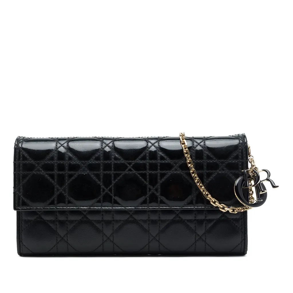 Dior Patent and Lambskin Cannage Lady Dior Wallet On Chain Black Leather Very good - Front View