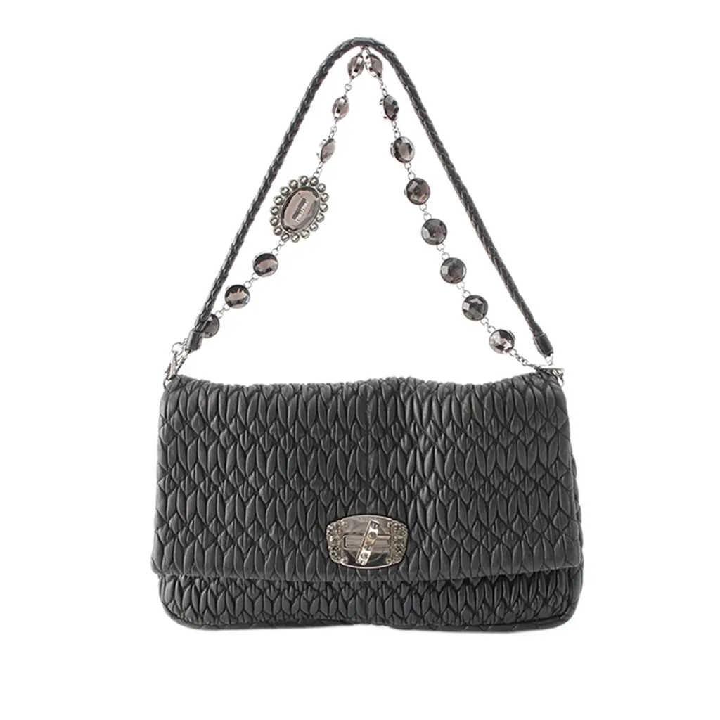 Miu Miu Matelasse Nappa Crystal Chain Satchel Black Leather Very good - Front View