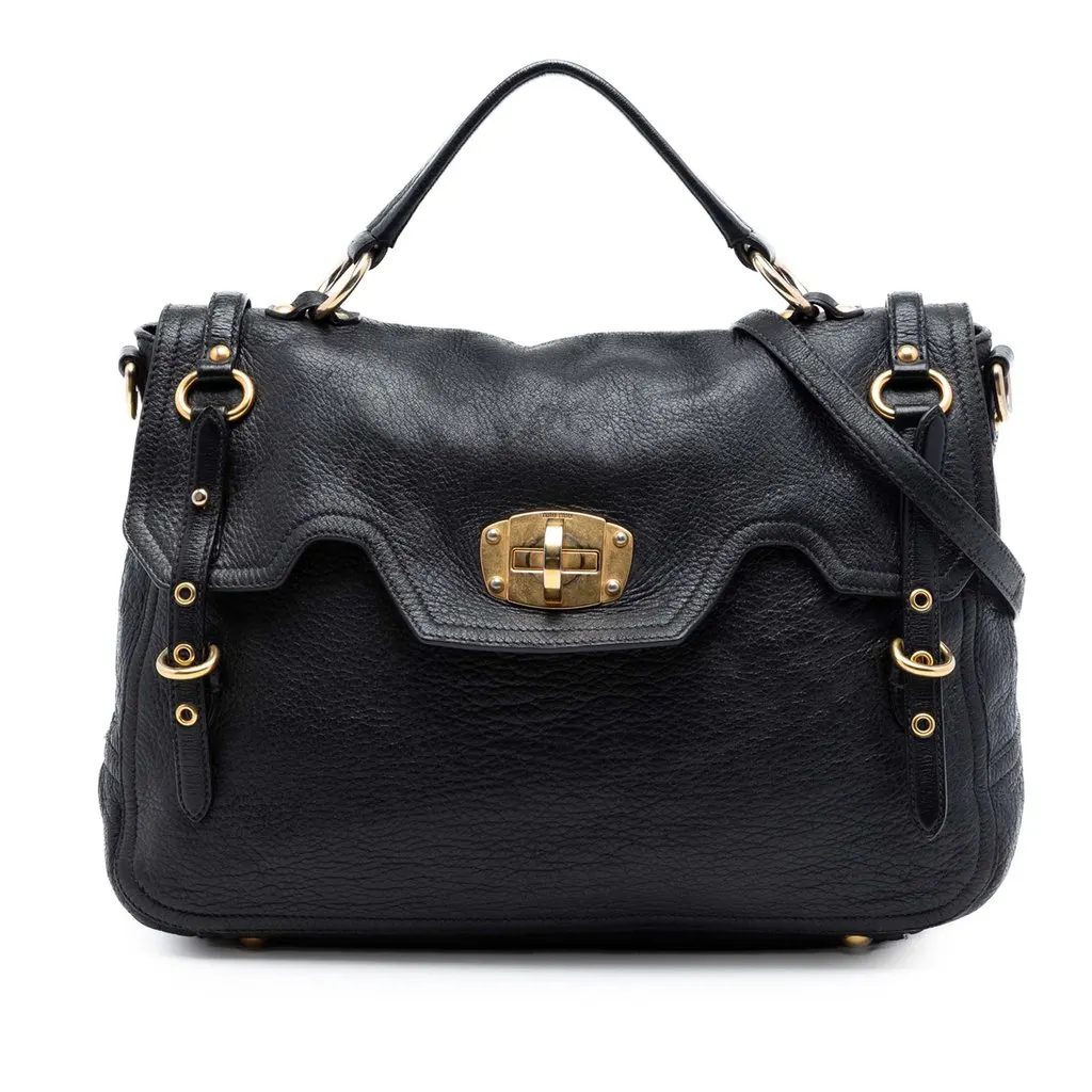 Miu Miu Cervo Deerskin Buckles East West Satchel Black Leather Very good - Front View
