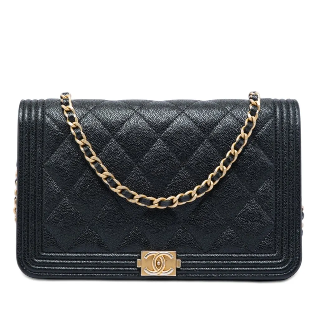 Chanel Quilted Caviar Boy Wallet on Chain Black Leather Very good - Front View