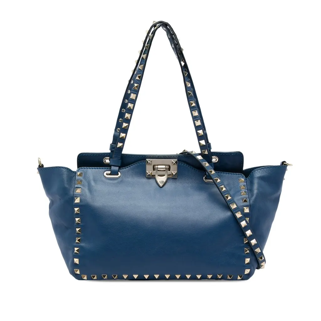Valentino Small Leather Rockstud Trapeze Satchel Blue Leather Good - Front View