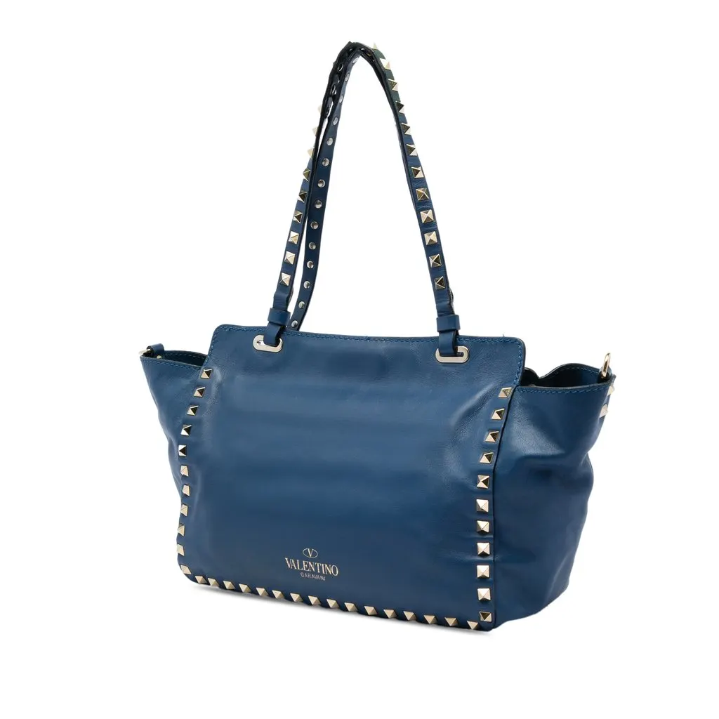 Valentino Small Leather Rockstud Trapeze Satchel Blue Leather Good - Back View