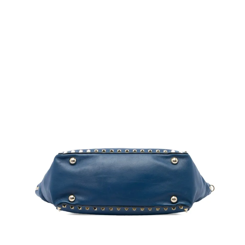 Valentino Small Leather Rockstud Trapeze Satchel Blue Leather Good - Inside View