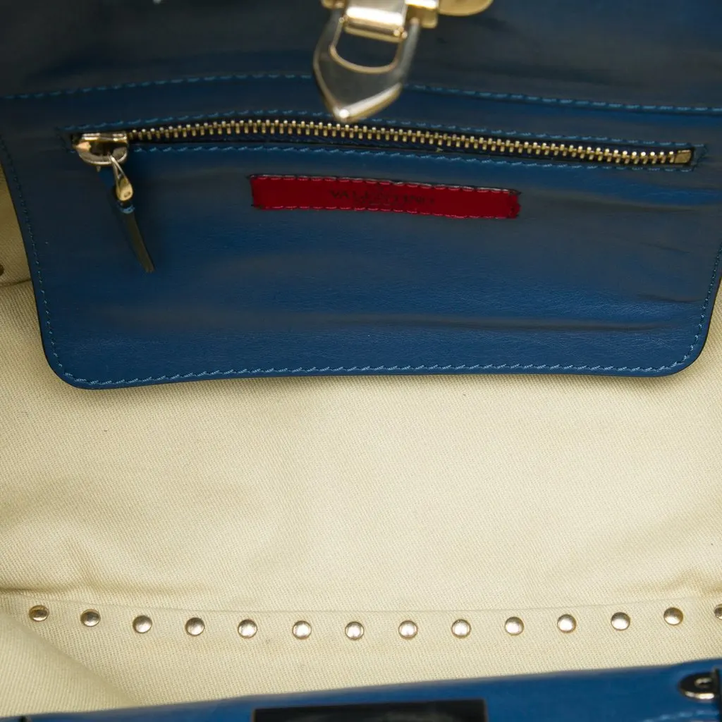 Valentino Small Leather Rockstud Trapeze Satchel Blue Leather Good - Model View