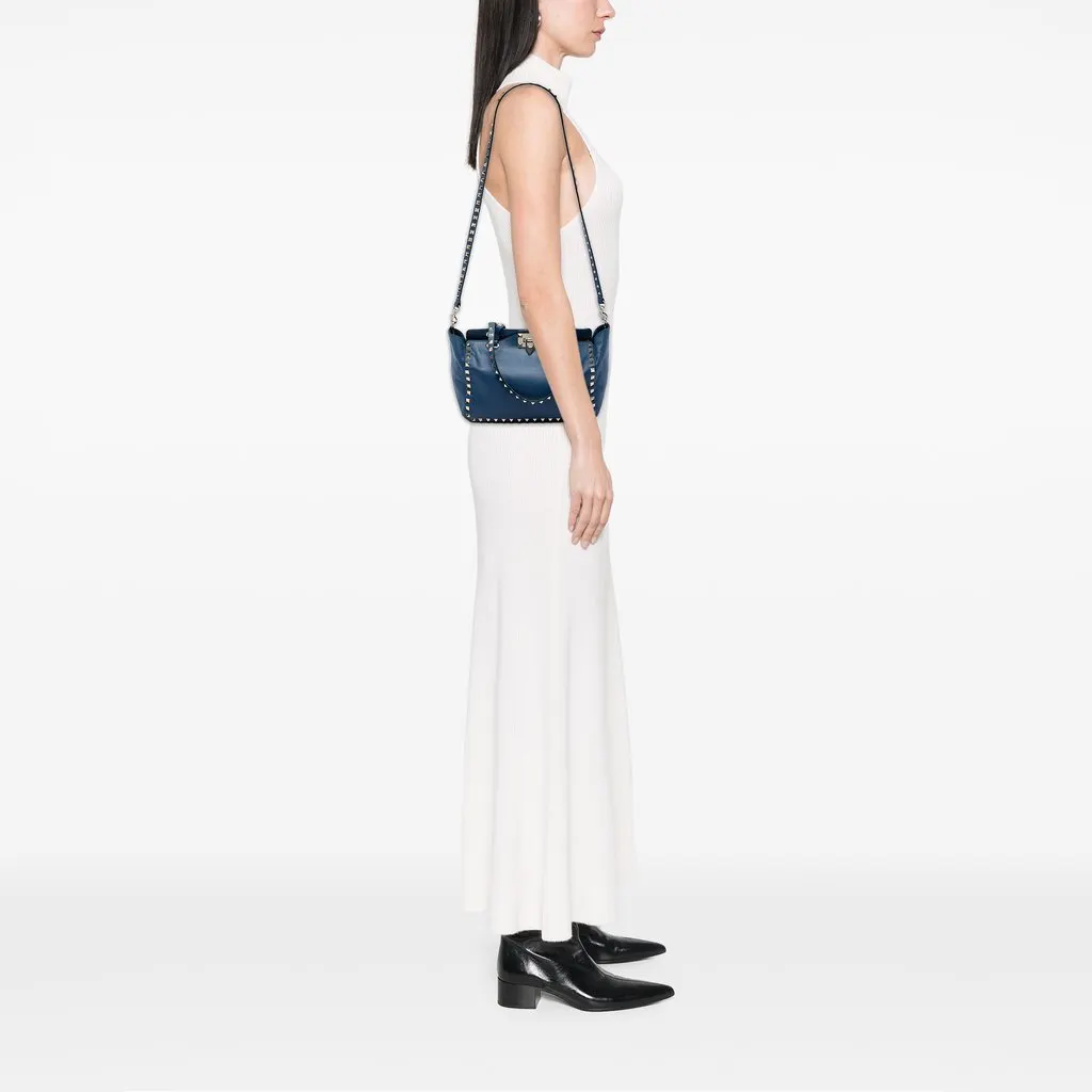 Valentino Small Leather Rockstud Trapeze Satchel Blue Leather Good - Box View