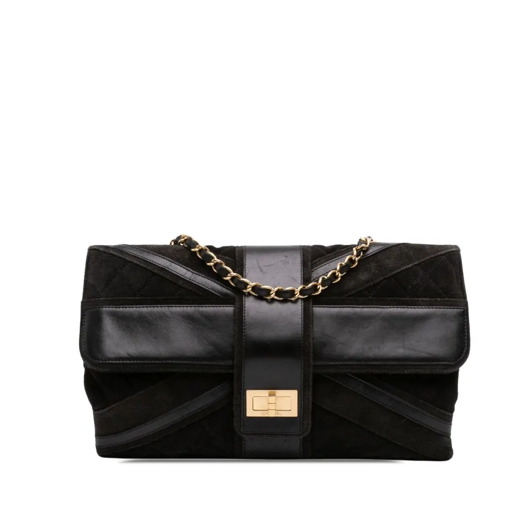 Chanel Quilted Suede Union Jack Reissue 2.55 Double Flap 227 Black Leather Very good - Front View