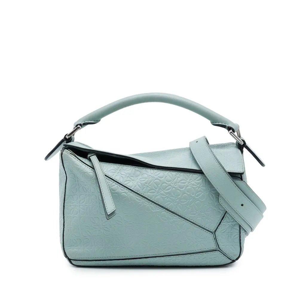Loewe Small Anagram Embossed Calfskin Puzzle Satchel Blue Leather Good - Front View
