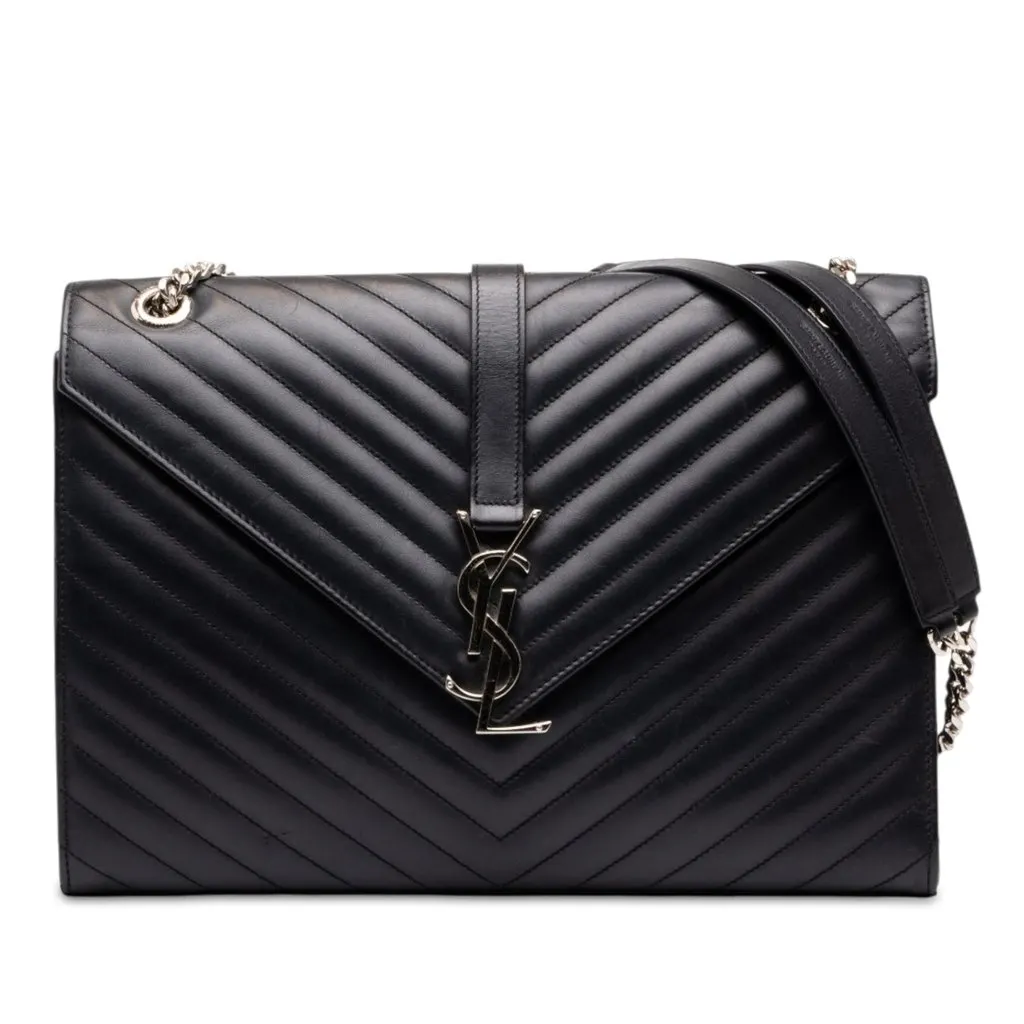 Saint Laurent Large Calfskin Chevron Monogram Envelope Bag Black Leather Good - Front View