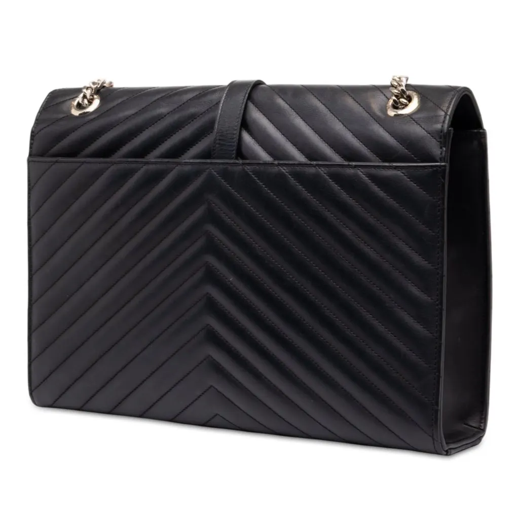 Saint Laurent Large Calfskin Chevron Monogram Envelope Bag Black Leather Good - Back View