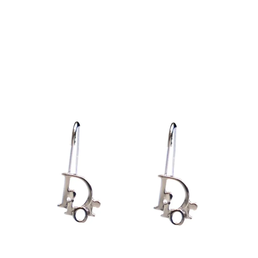 Dior Palladium Plated Logo Drop Earrings Silver Brass Very good - Front View