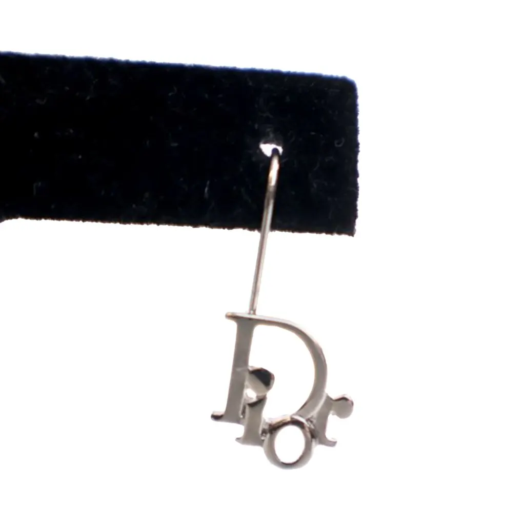 Dior Palladium Plated Logo Drop Earrings Silver Brass Very good - Model View