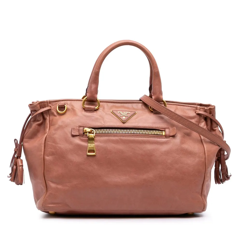Prada Vitello Shine Satchel Brown Leather Good - Front View