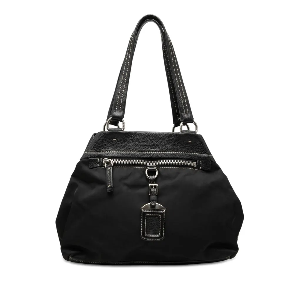 Prada Vitello Trimmed Tessuto Tote Black Very good - Front View