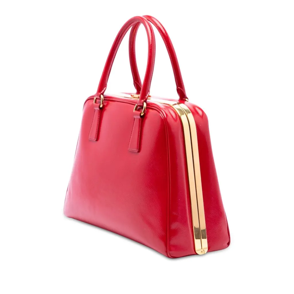 Prada Saffiano Vernice Pyramid Frame Handbag Red Leather Very good - Back View