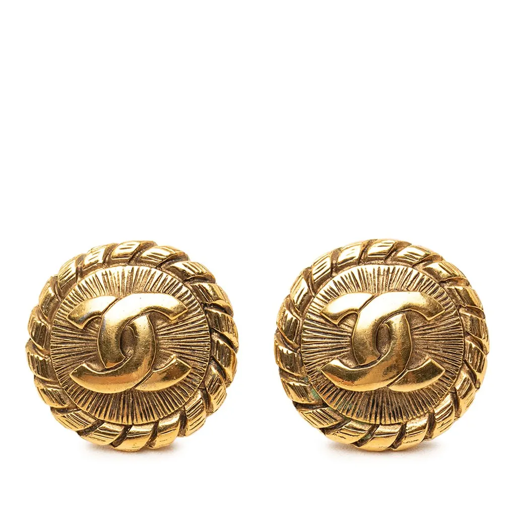 Chanel CC Gold Plated Sunburst Round Clip On Earrings Gold Metal Very good - Front View