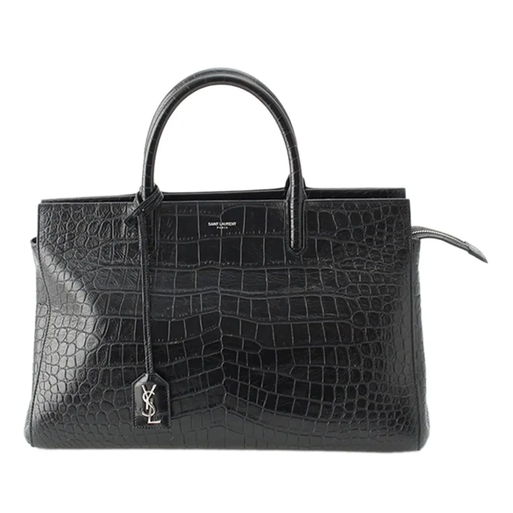 Saint Laurent Medium Croc Embossed Calfskin Cabas Rive Gauche Satchel Black Leather Very good - Front View