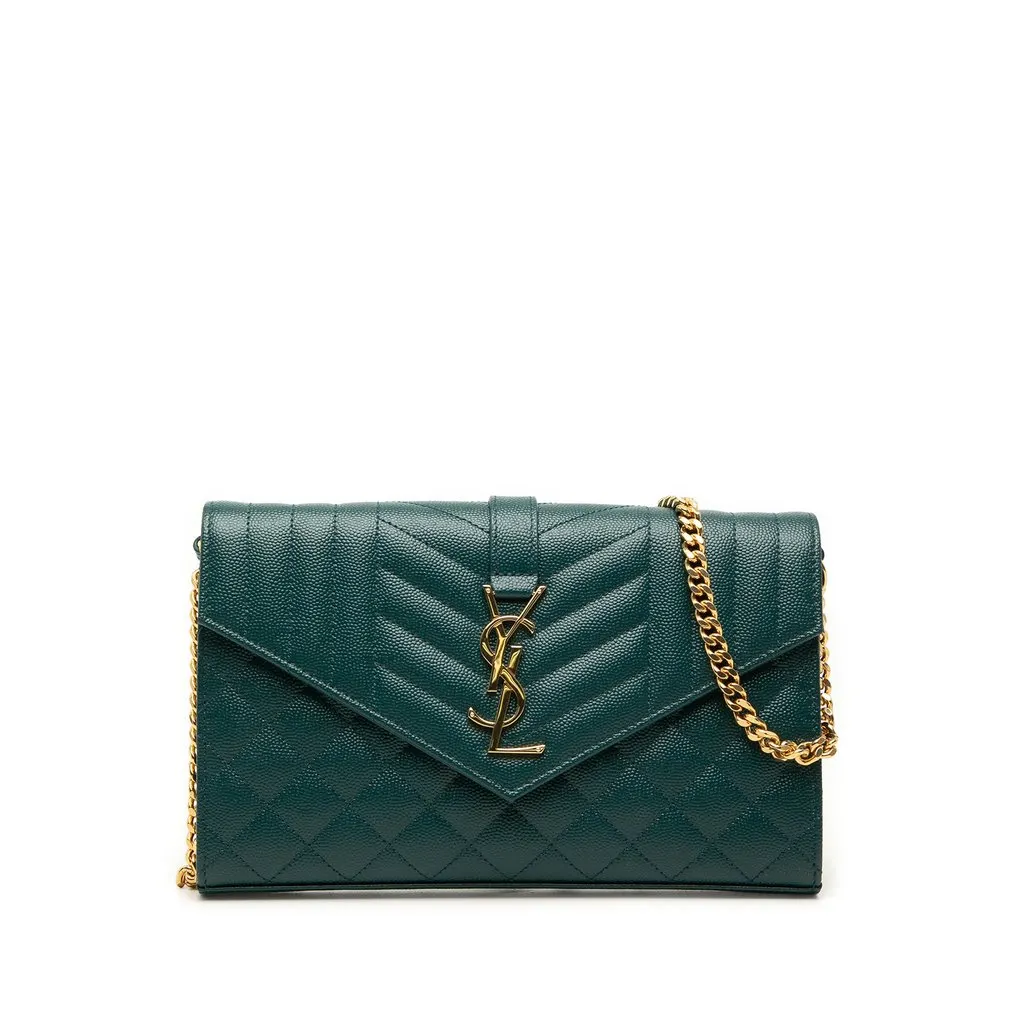 Saint Laurent Grain De Poudre Triquilt Monogram Envelope Wallet on Chain Green Leather Very good - Front View