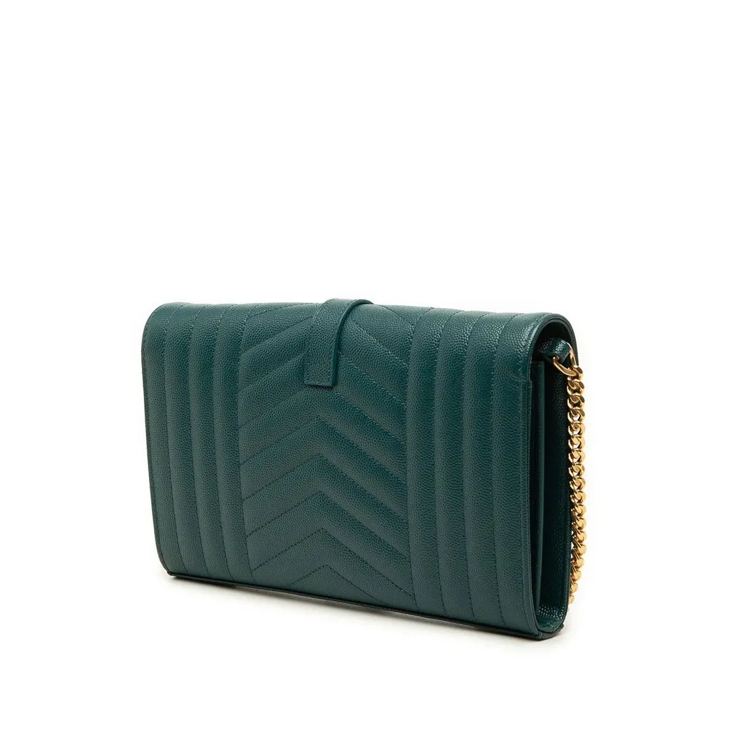 Saint Laurent Grain De Poudre Triquilt Monogram Envelope Wallet on Chain Green Leather Very good - Back View