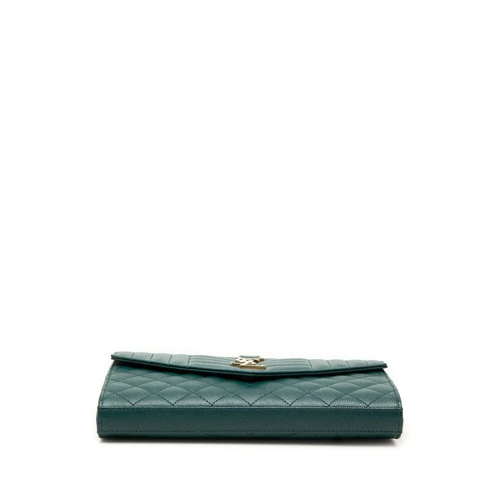 Saint Laurent Grain De Poudre Triquilt Monogram Envelope Wallet on Chain Green Leather Very good - Inside View