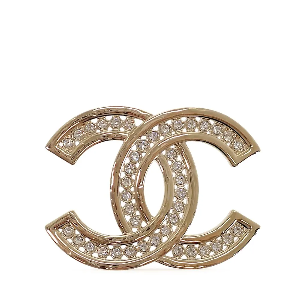 Chanel CC Gold Plated Rhinestone Brooch Gold Metal Very good - Front View