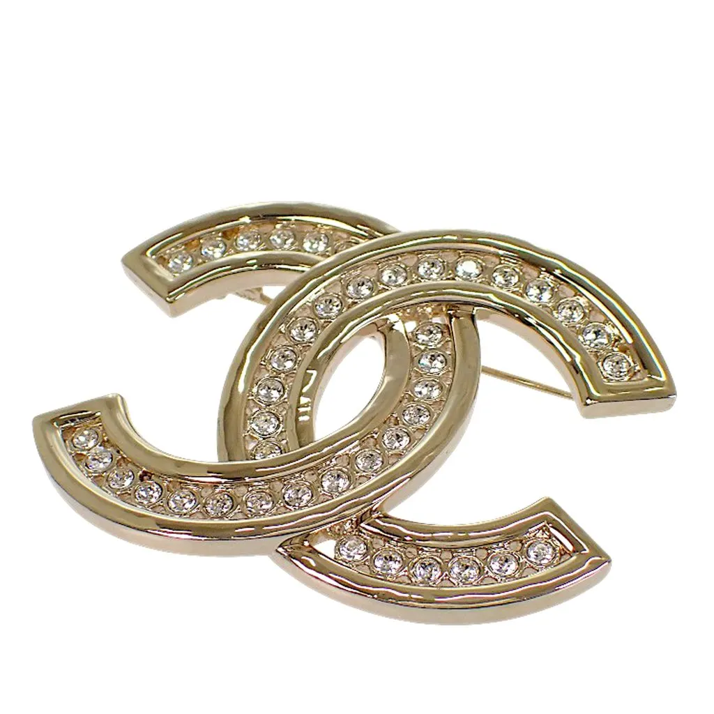 Chanel CC Gold Plated Rhinestone Brooch Gold Metal Very good - Model View