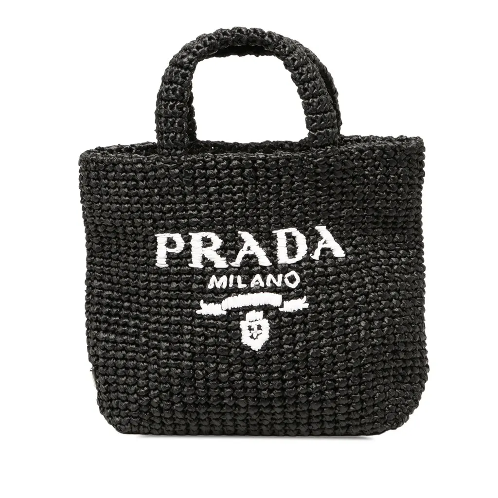 Prada Small Raffia Effect Crochet Embroidered Logo Tote Black Rattan Good - Front View