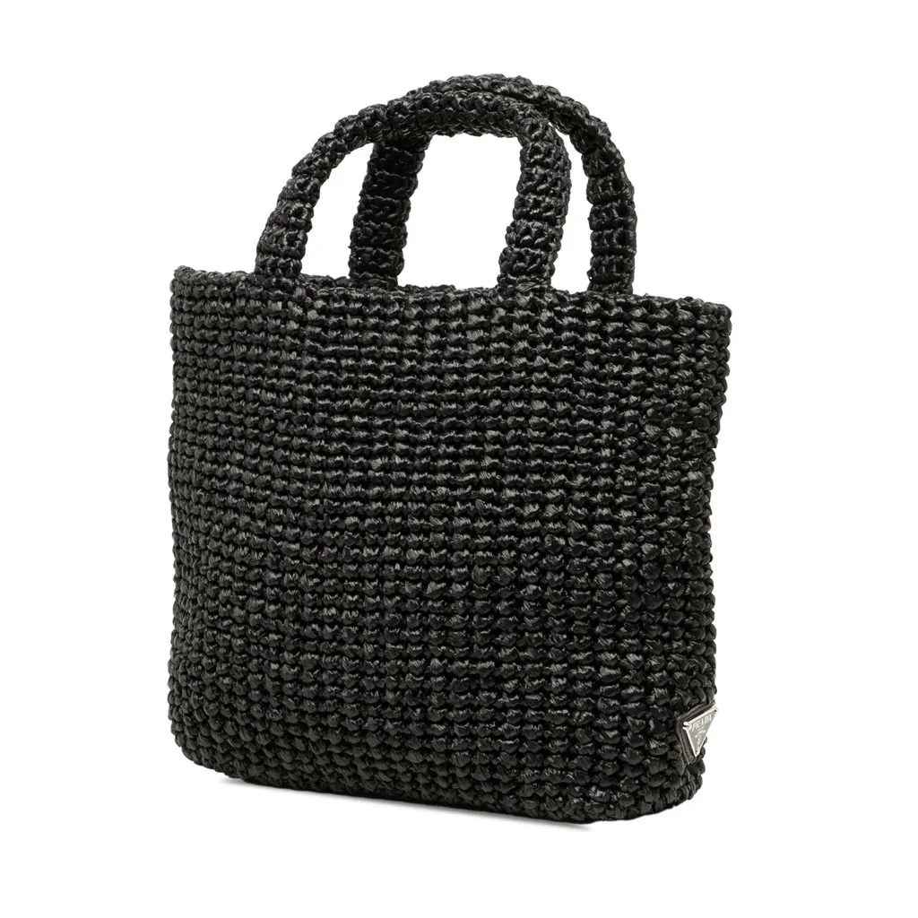 Prada Small Raffia Effect Crochet Embroidered Logo Tote Black Rattan Good - Back View