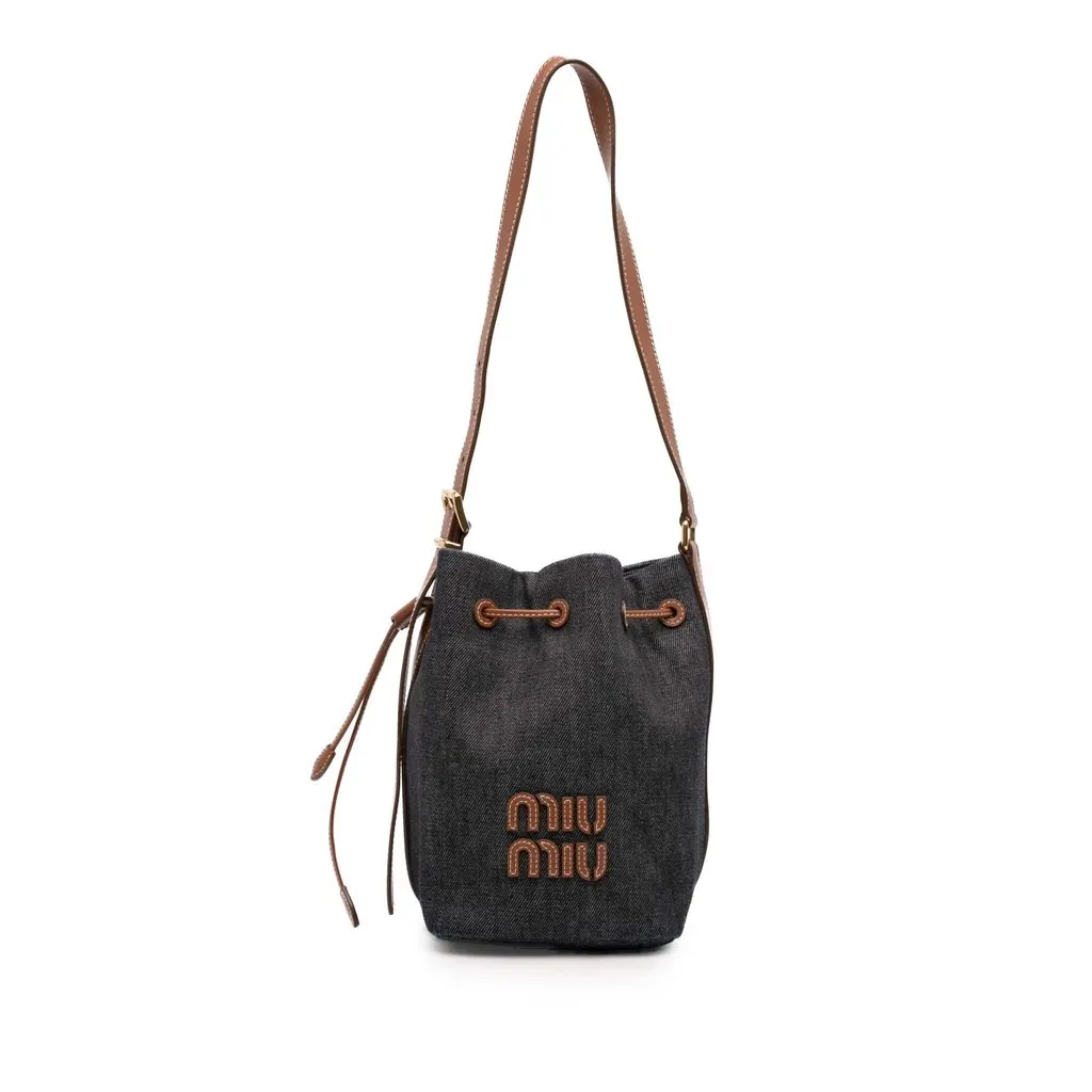 Miu Miu Denim Logo Bucket Bag Blue Very good - Front View