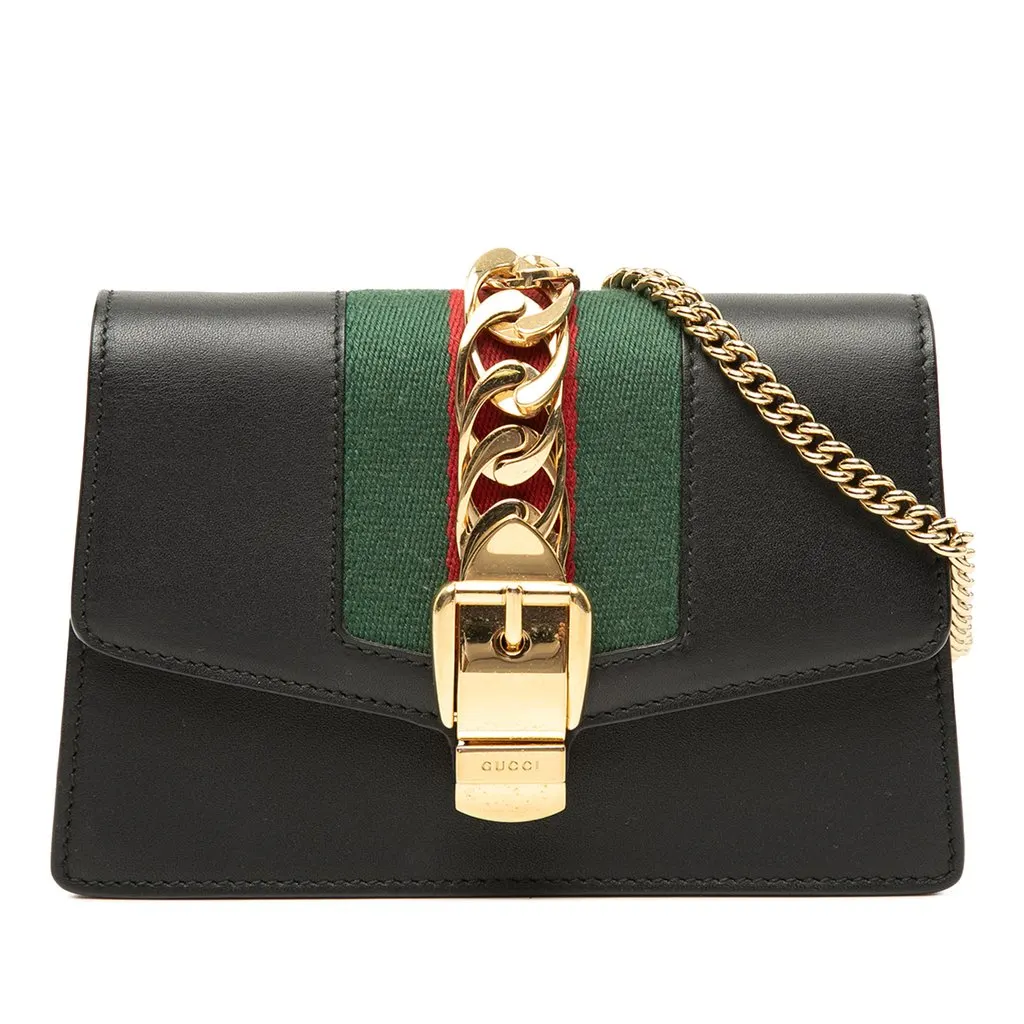 Gucci Super Mini Calfskin Web Sylvie Chain Crossbody Black Leather Very good - Front View