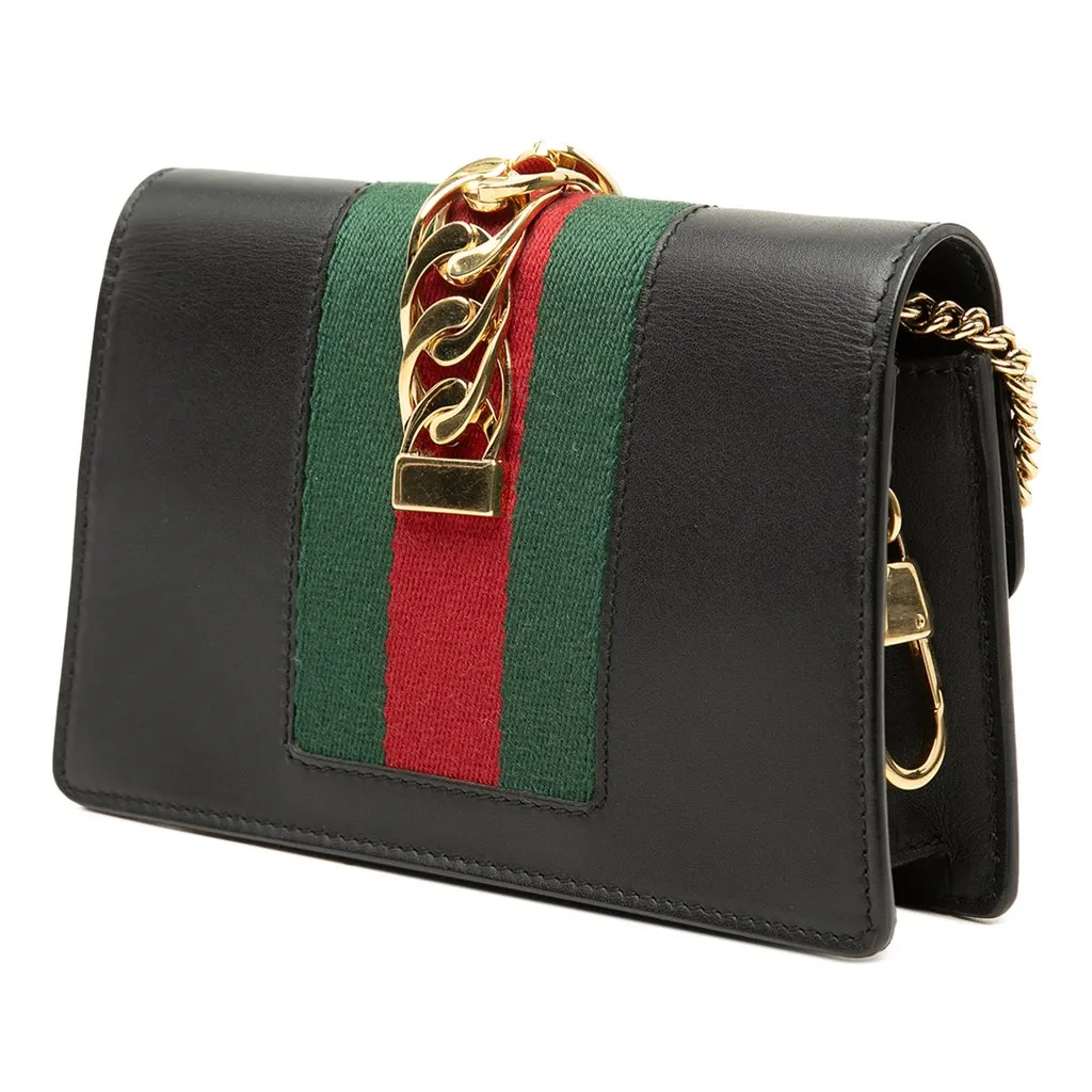 Gucci Super Mini Calfskin Web Sylvie Chain Crossbody Black Leather Very good - Back View