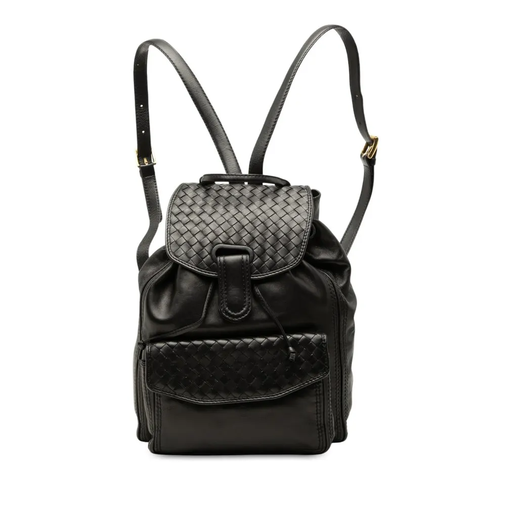 Bottega Veneta Nappa Intrecciato Trimmed Drawstring Flap Backpack Black Leather Very good - Front View
