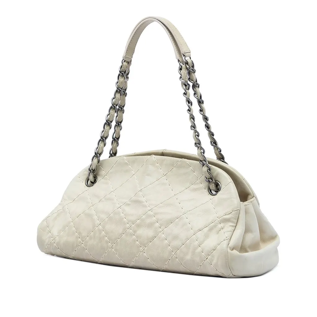 Chanel Medium Stitched Aged Calfskin Just Mademoiselle Bowling Bag White Leather Very good - Back View