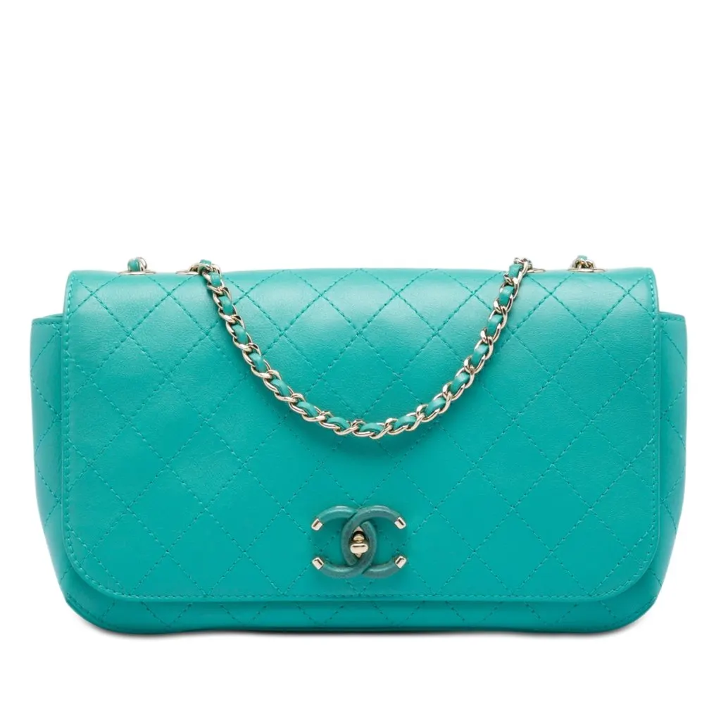 Chanel Medium Stitched Calfskin Covered CC Flap Blue Leather Very good - Front View