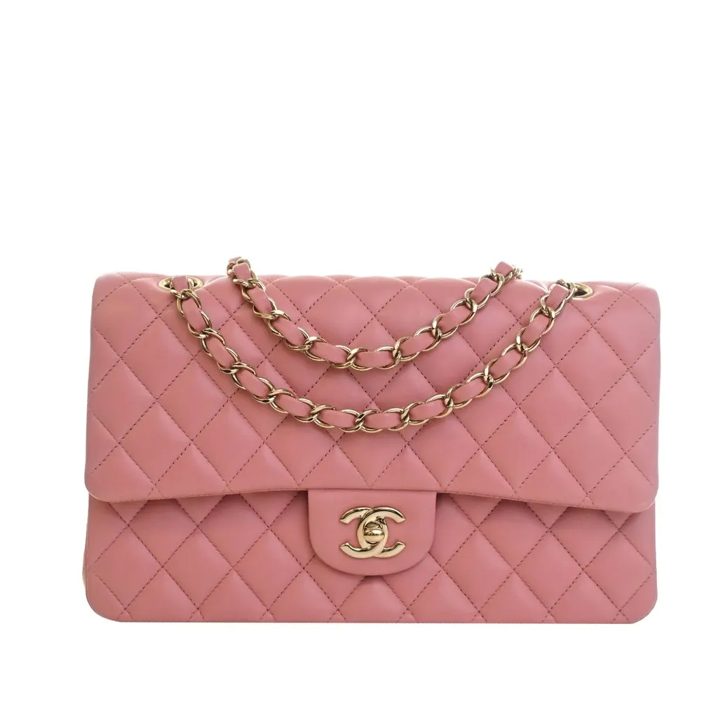 Chanel Medium Classic Lambskin Double Flap Pink Leather Very good - Front View