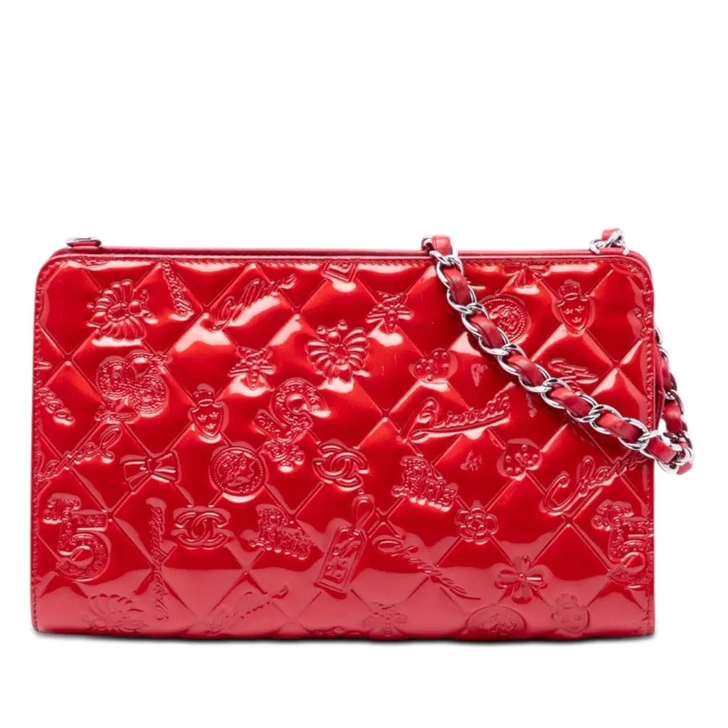 Chanel Quilted Patent Embossed Lucky Symbols Pochette Red Leather Good - Front View