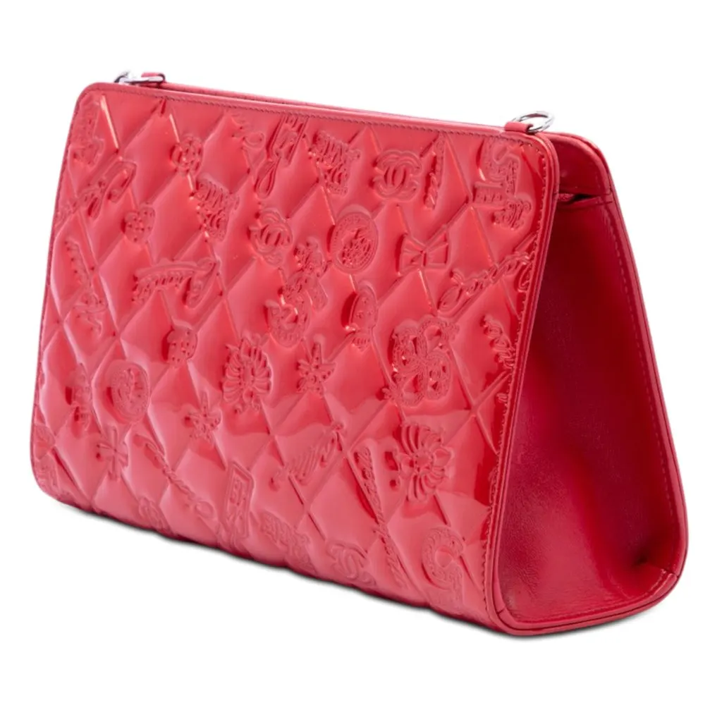 Chanel Quilted Patent Embossed Lucky Symbols Pochette Red Leather Good - Back View