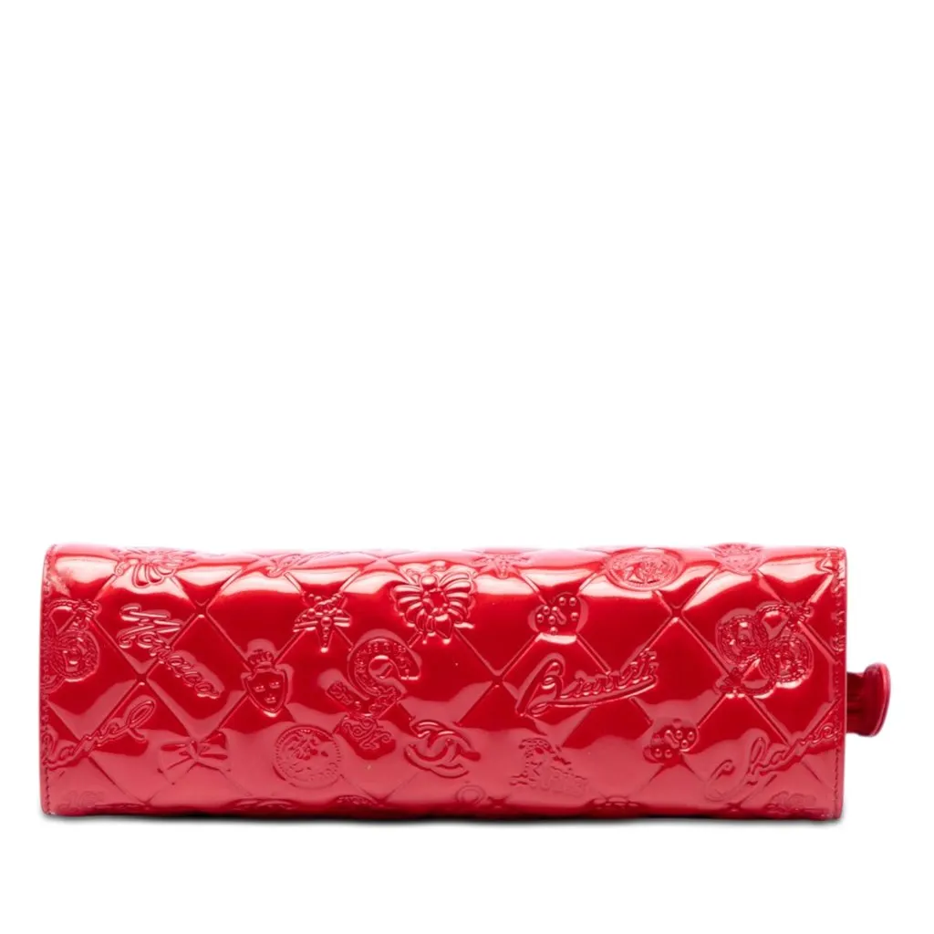 Chanel Quilted Patent Embossed Lucky Symbols Pochette Red Leather Good - Inside View