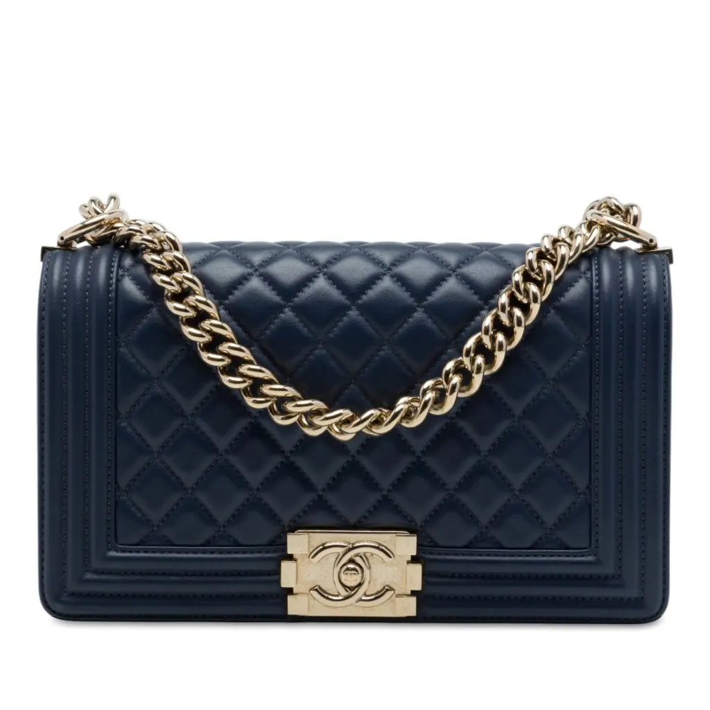 Chanel Old Medium Quilted Lambskin Boy Flap Blue Leather Very good - Front View