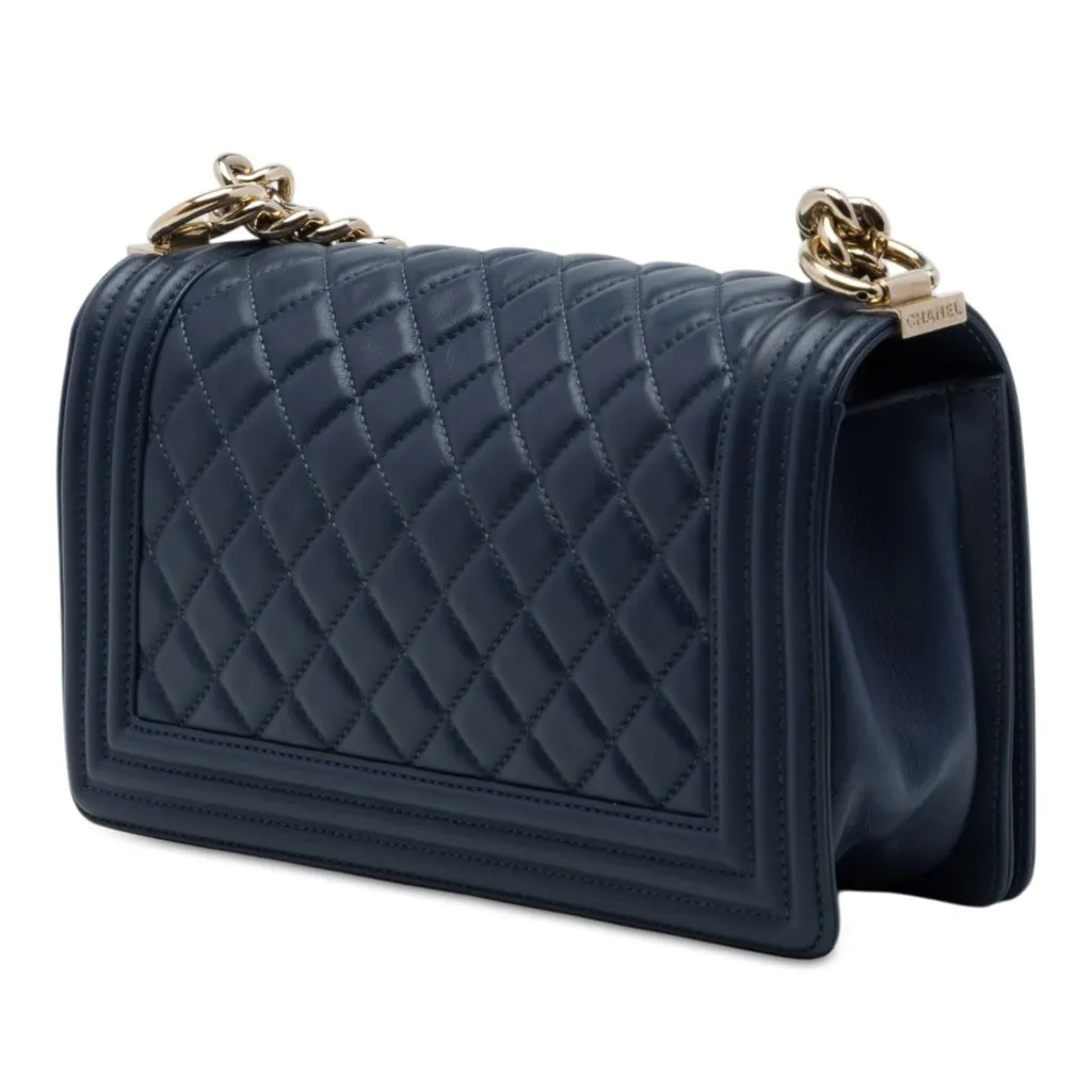 Chanel Old Medium Quilted Lambskin Boy Flap Blue Leather Very good - Back View