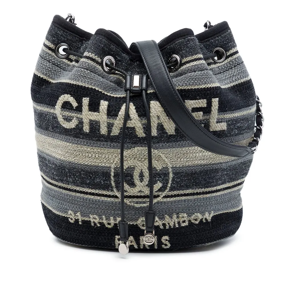 Chanel Canvas and Wool Striped Deauville Drawstring Bucket Bag MultiColor Very good - Front View