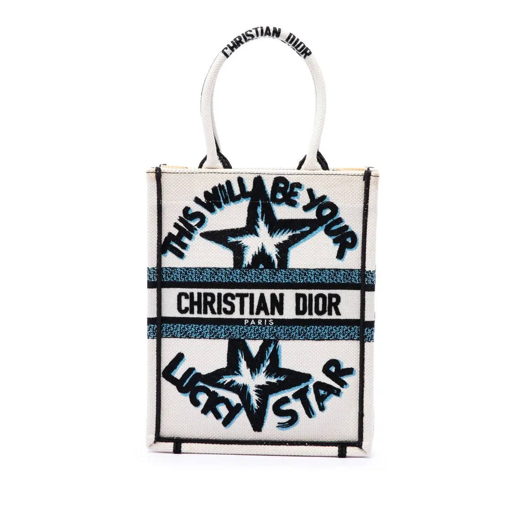 Dior Embroidered Canvas Lucky Star Vertical Book Tote White Very good - Front View